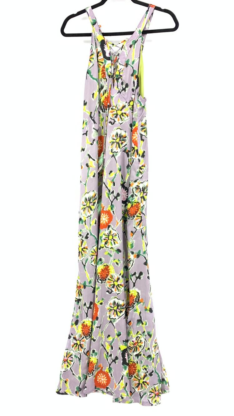 Meghan Maxi Dress Women's Size Medium Floral Print Lace Up Front +Back Gray NEW